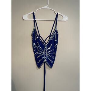 Vintage Blue Butterfly Sequined Open Lace Up Back 90s/Y2K Top‎